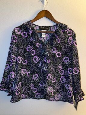 Sag Harbor Navy Blue Floral Ruffle-Front Blouse with Purple Accents